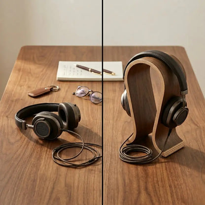 Before and after headphones placed on a wooden headphone stand on a clean desk setup