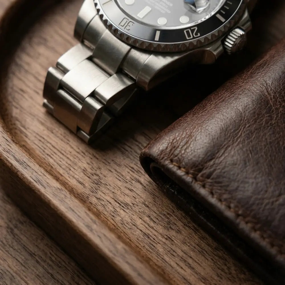 Close-up image focusing on the material textures of a metal watch, a leather wallet, and a wooden surface