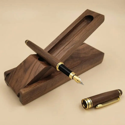 Angled view of a walnut desk pen holder designed for a modern workspace