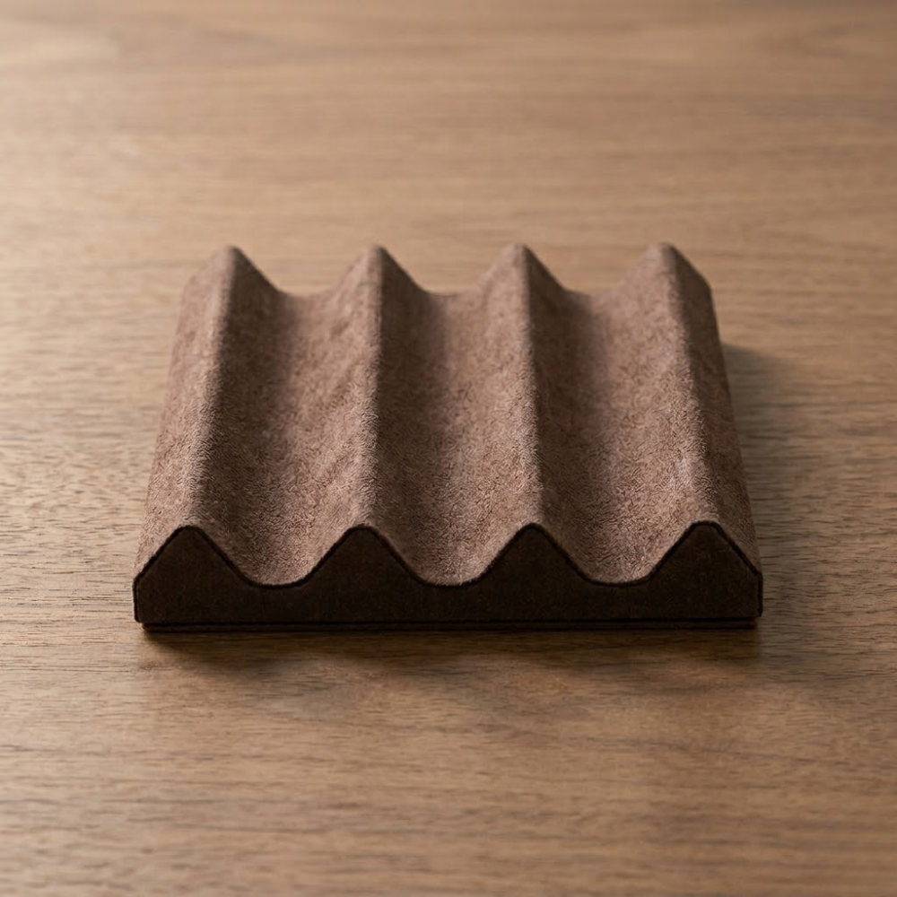 Front view of a minimalist leather desk pen tray for desk organization