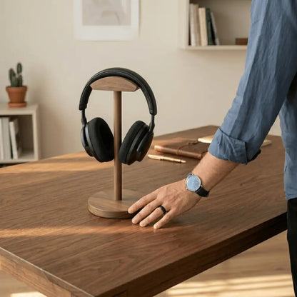 Workspace scene featuring a desk headphone stand in warm evening light