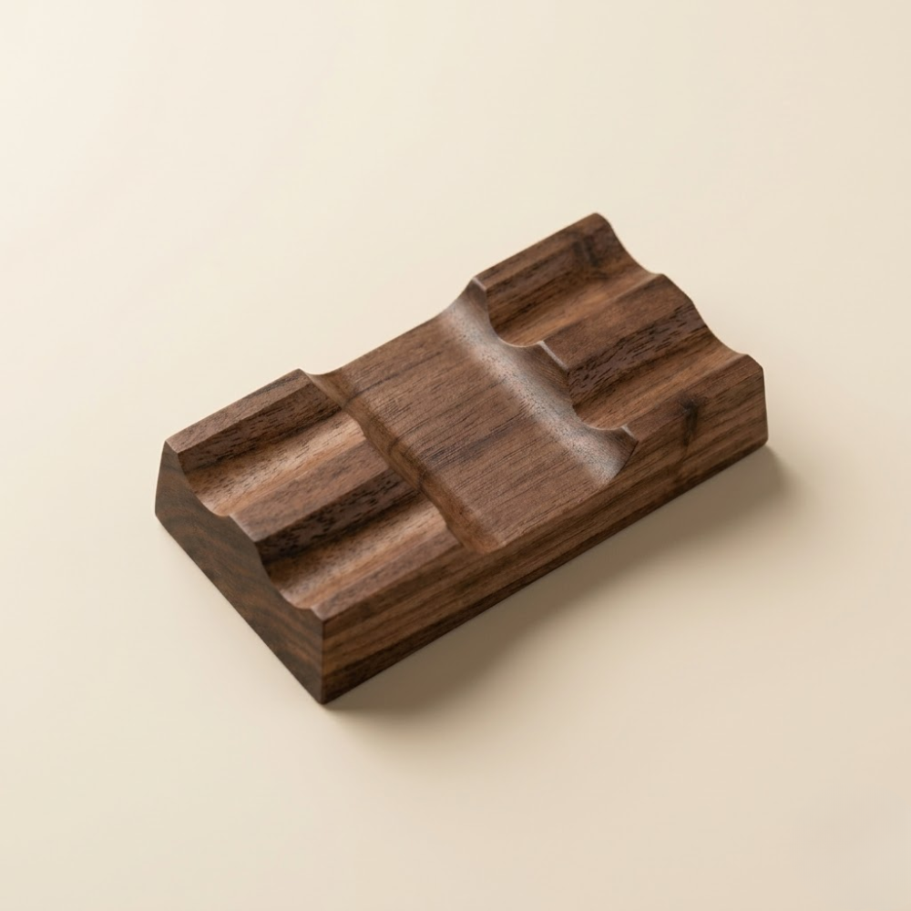 Double-slot walnut desk pen rest designed for organizing writing tools