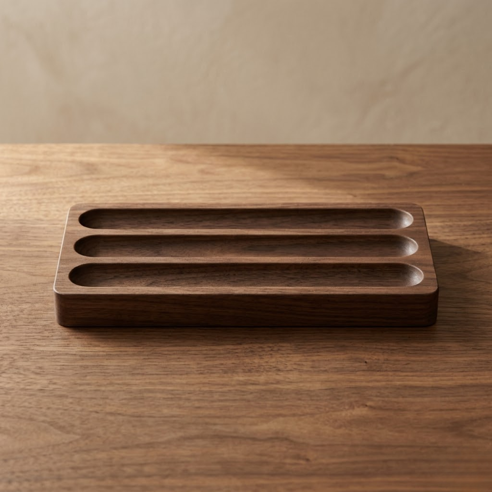 Triple-slot bamboo desk organizer tray product photo on a neutral background