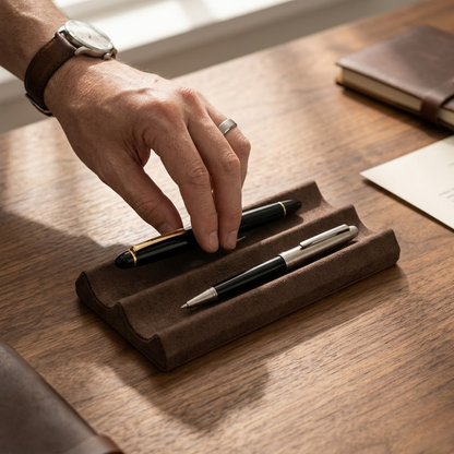 Hand placing a fountain pen into a leather desk pen tray