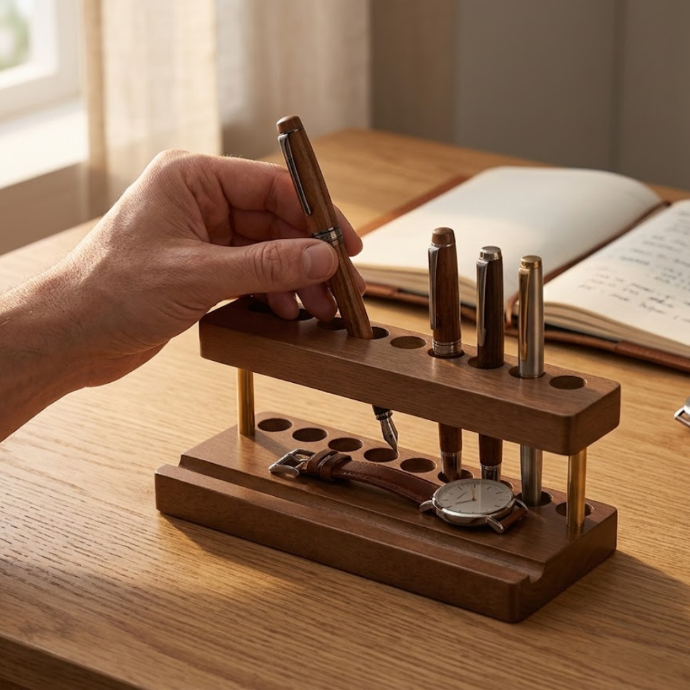 Hand placing a pen into a walnut desk pen holder and phone stand