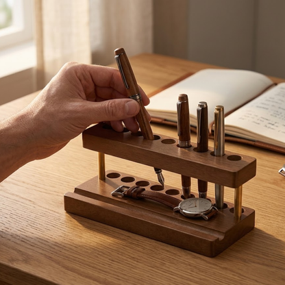 Hand placing a pen into a walnut desk pen holder and phone stand