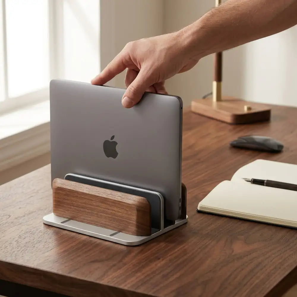 Hand placing a MacBook into an adjustable walnut vertical laptop stand in a quiet workspace