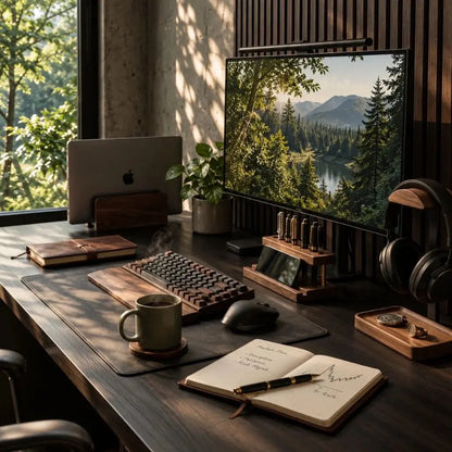 Headphone stand with tray in an organized desk setup