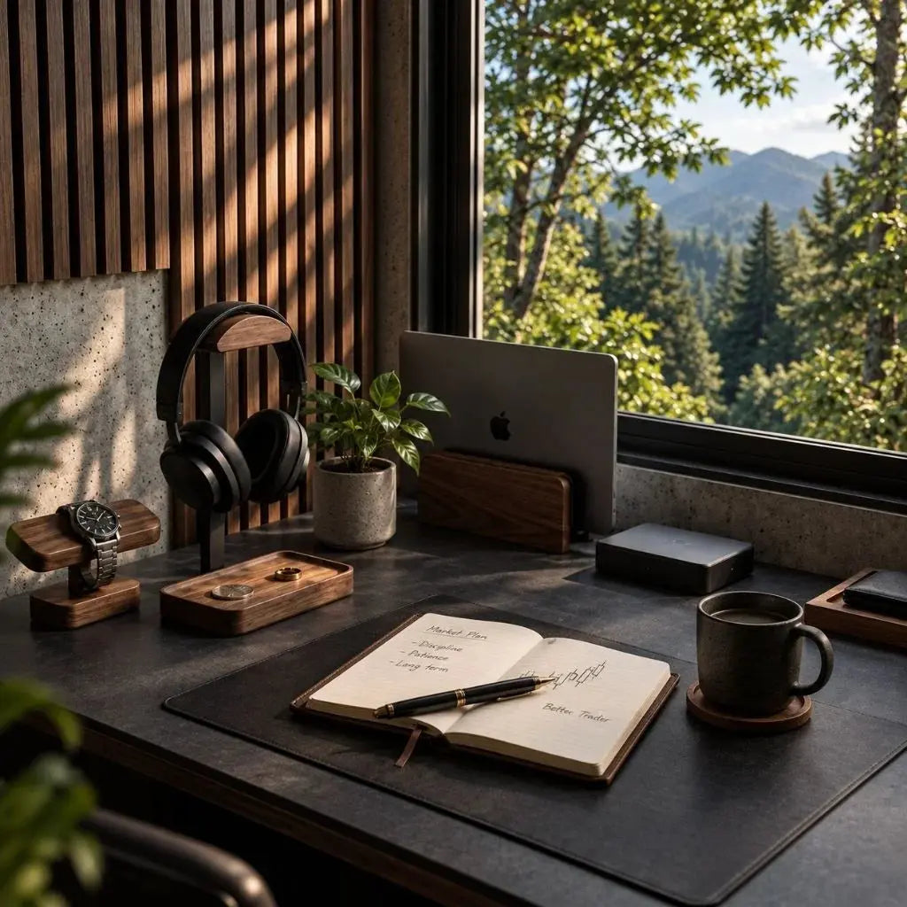 Desk stands and accessories arranged in an organized workspace