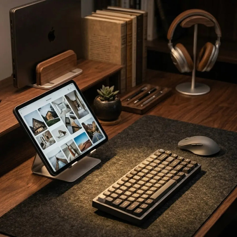 Desk workspace after organizing with tray and keyboard setup