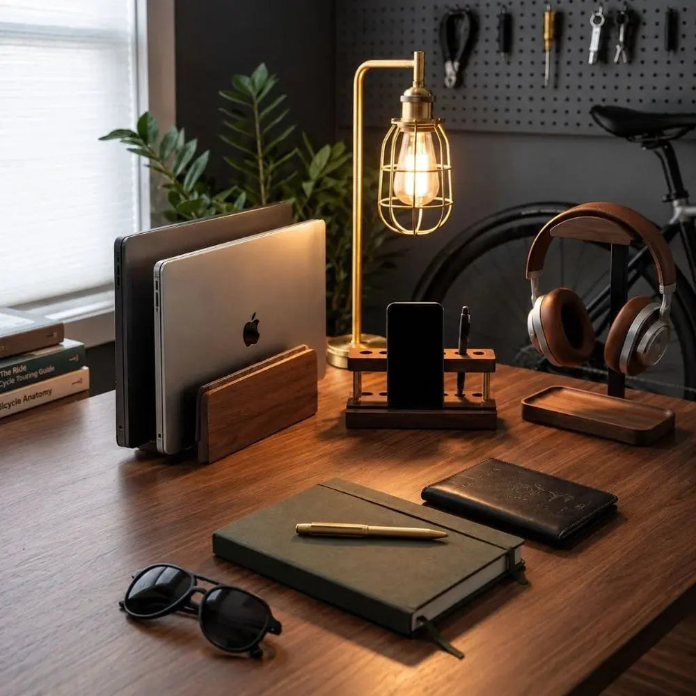 Two laptops stored upright in a double-slot walnut vertical laptop stand on a desk