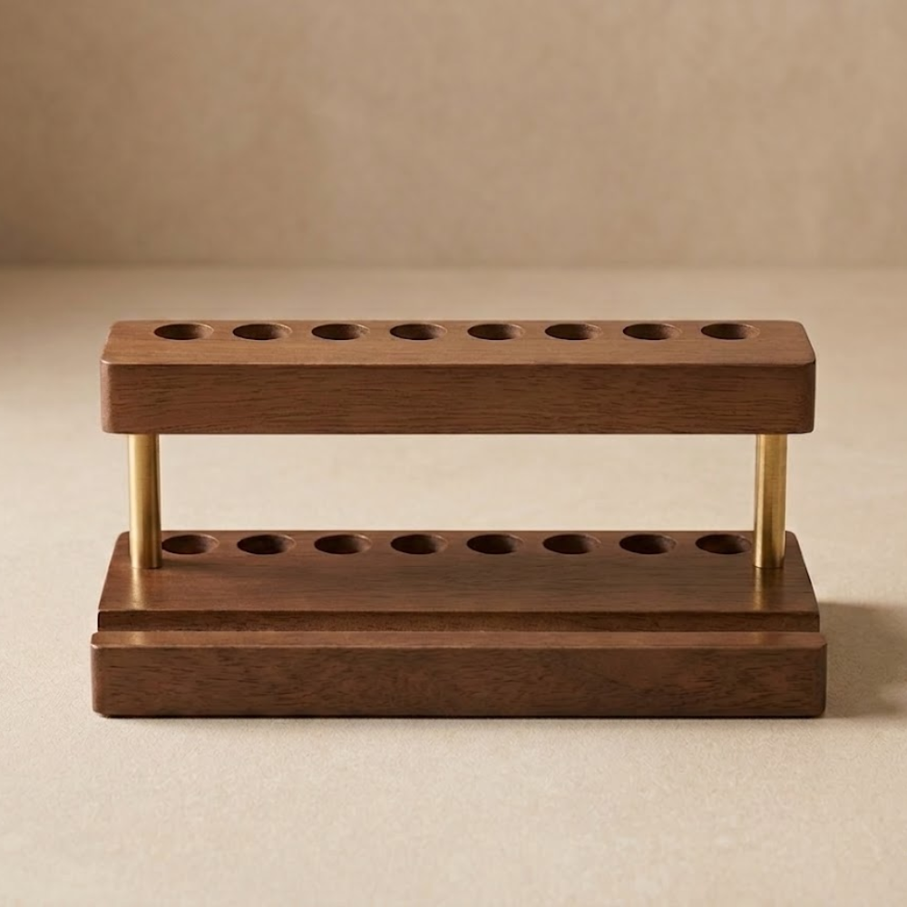 Clean product photo of a walnut desk phone stand on a wooden surface