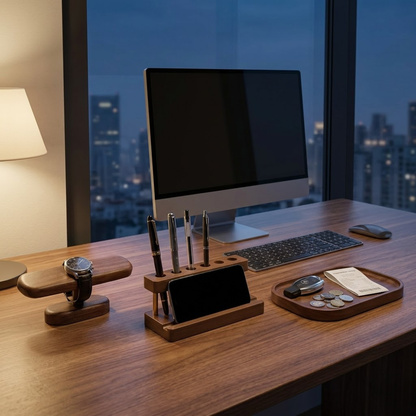 Complete desk setup featuring monitor and walnut phone stand with pen holder
