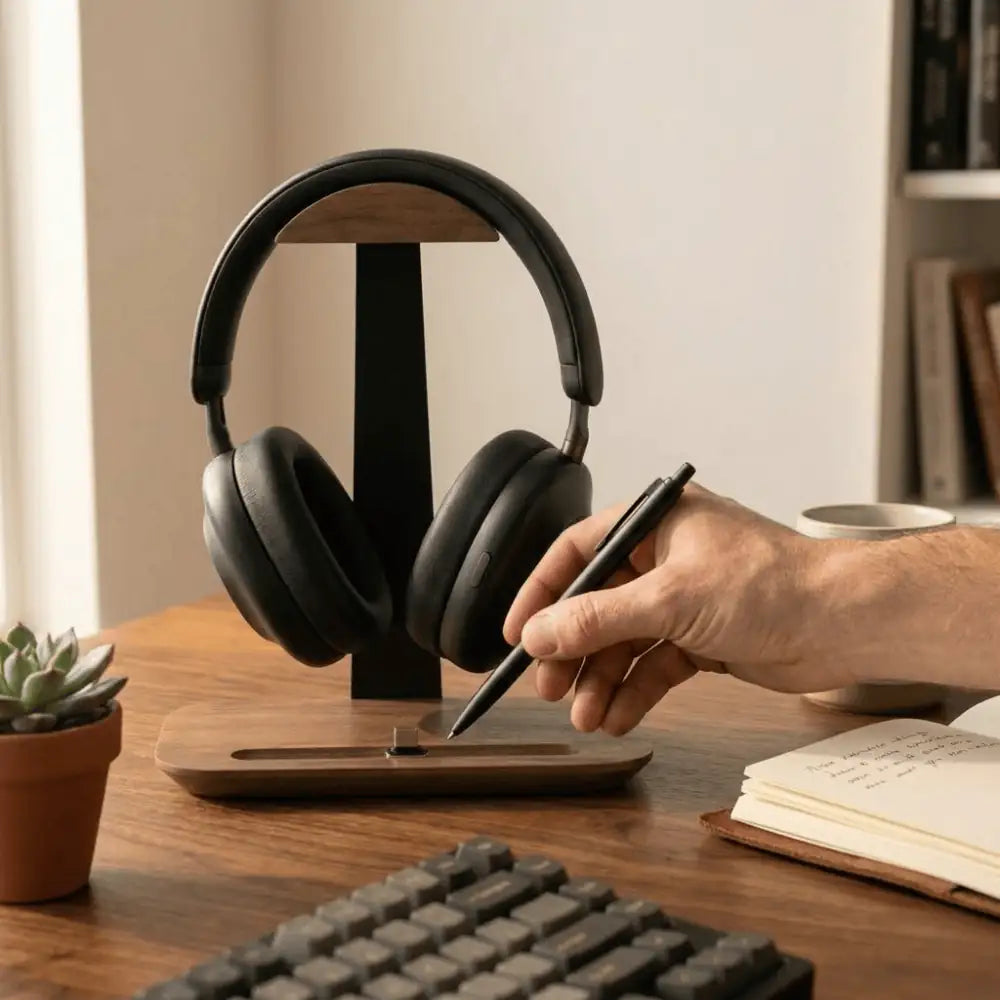 Hand picking up a pen from a headphone stand with pen holder on a clean desk.