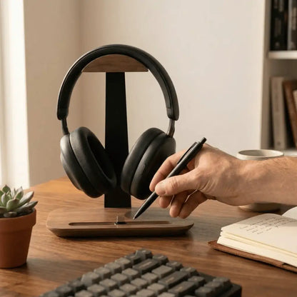 Hand picking up a pen from a headphone stand with pen holder on a clean desk.