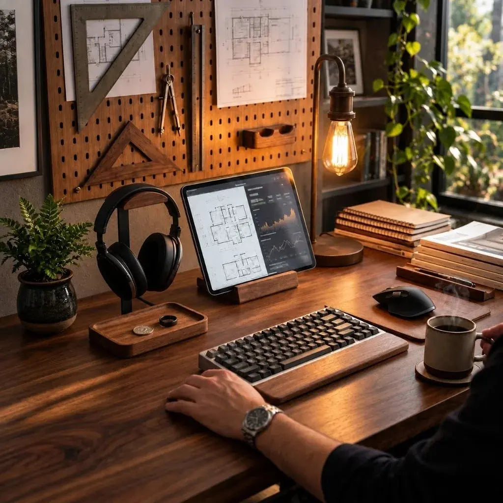 Headphone stand with tray in a daily workspace while working