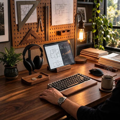 Headphone stand with tray in a daily workspace while working