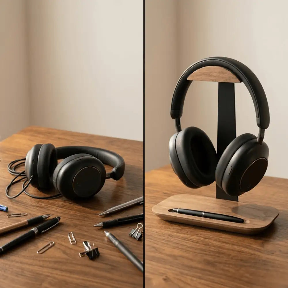 Organized desk setup featuring a headphone stand with pen tray as part of a daily workspace.