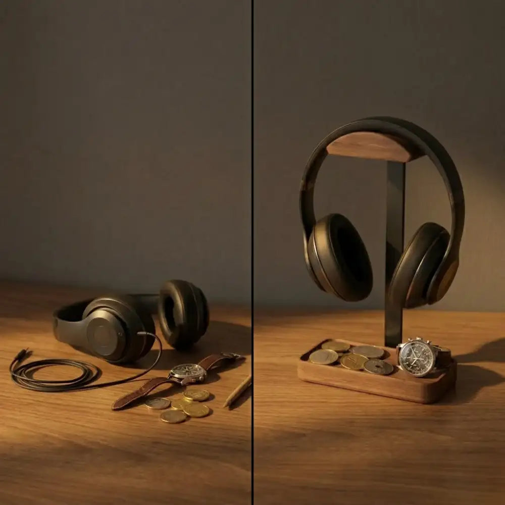 Before and after desk setup showing a headphone stand with tray organizing workspace