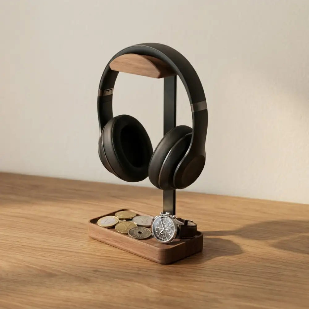 Walnut headphone stand with tray holding headphones on a wooden desk