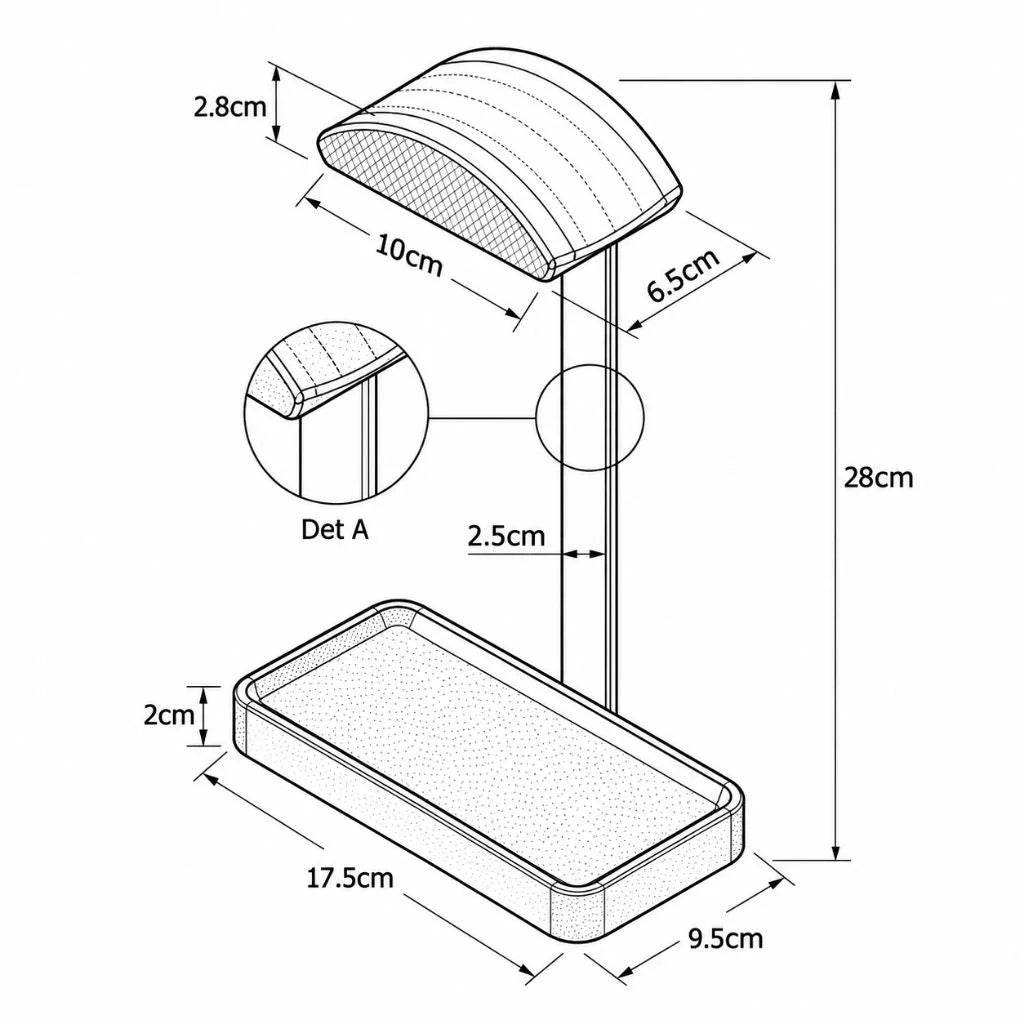 Headphone stand with integrated tray showing product dimensions