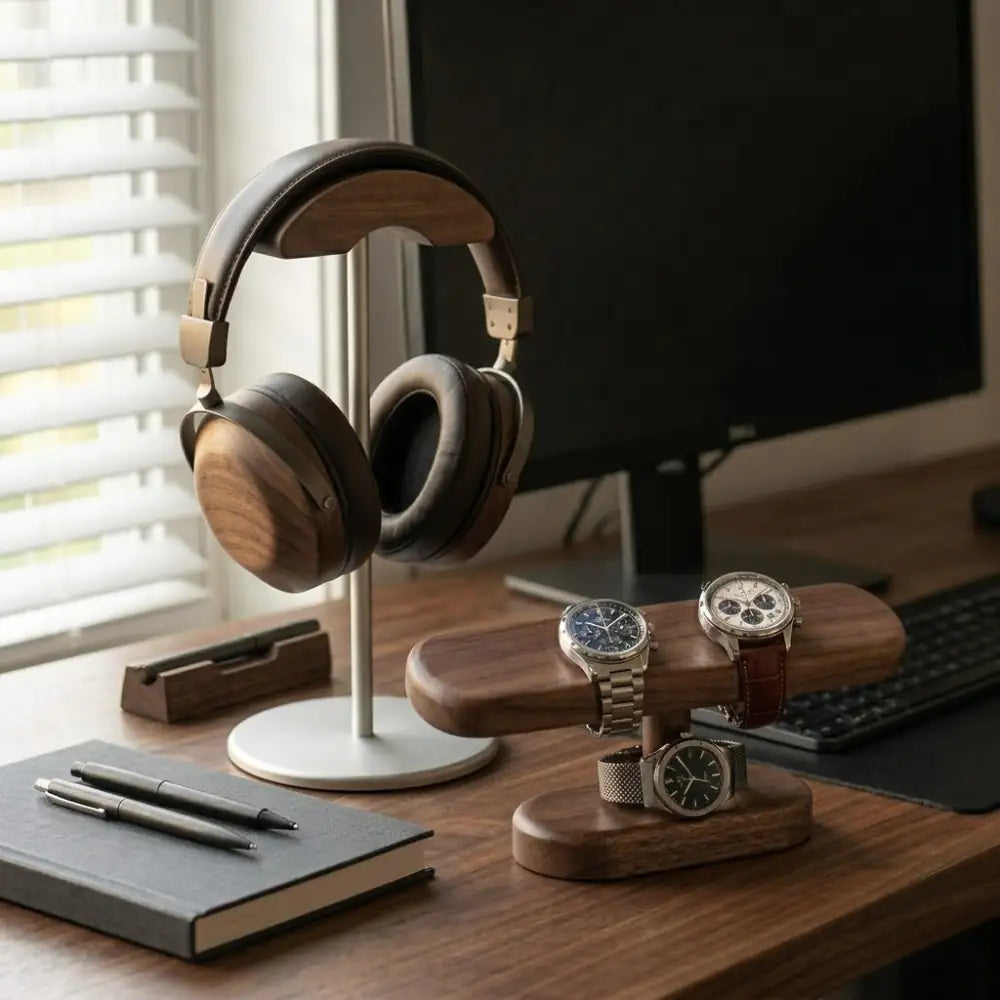 Headphone and watch stands arranged on wooden workspace desk