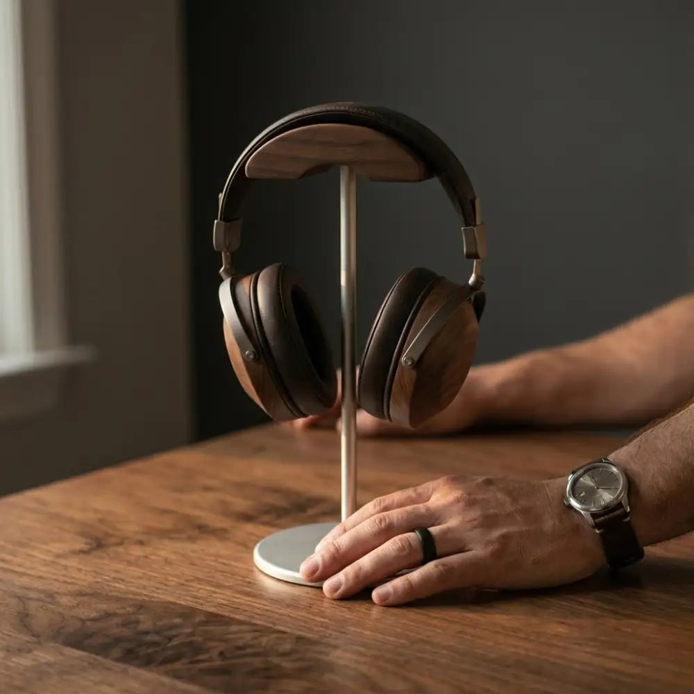 Hand placing headphones on a desk headphone stand on a wooden table