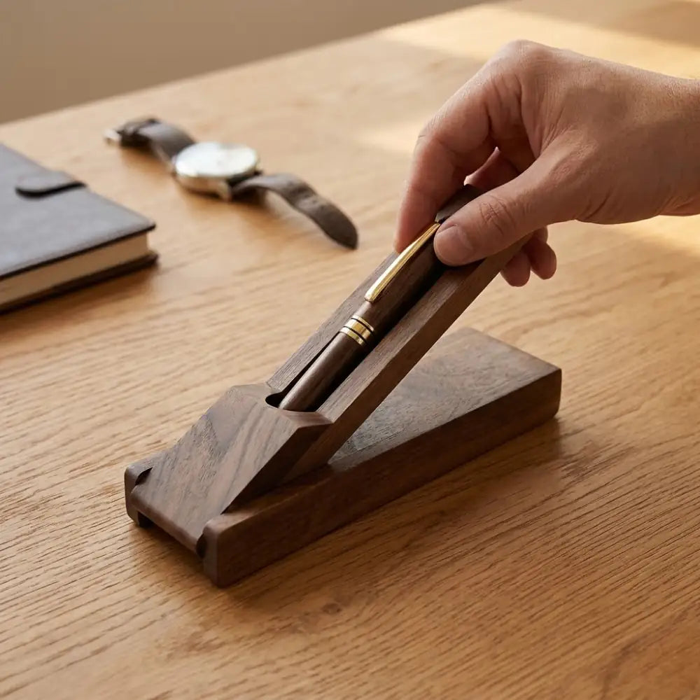 Hand lifting a pen from a walnut desk pen holder on a light wood table