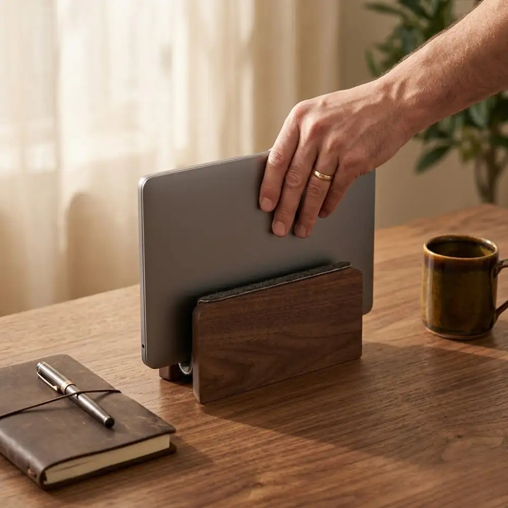 Hand placing a laptop into a sturdy walnut vertical laptop stand in a quiet desk setup