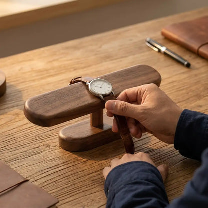 Hand placing a watch onto a walnut watch display stand in a quiet workspace