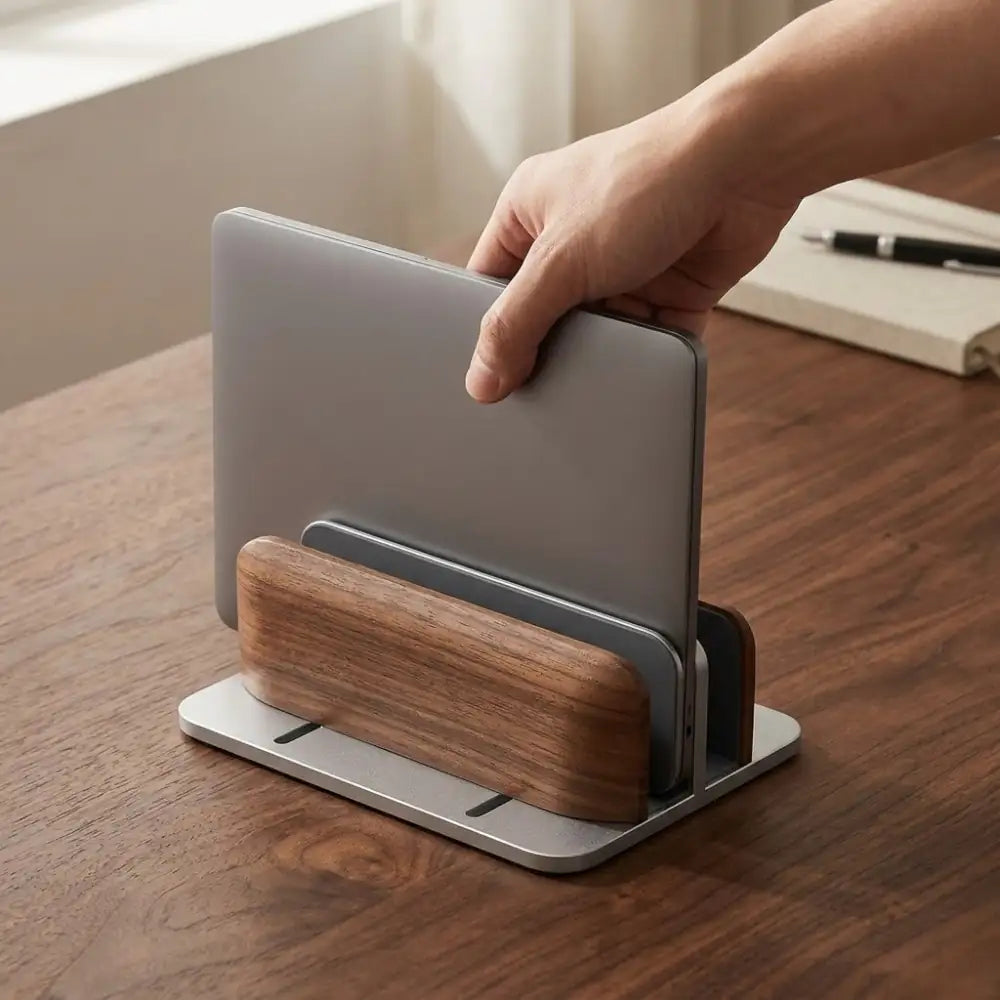 Close-up detail of a hand securing a laptop into an adjustable walnut vertical laptop stand