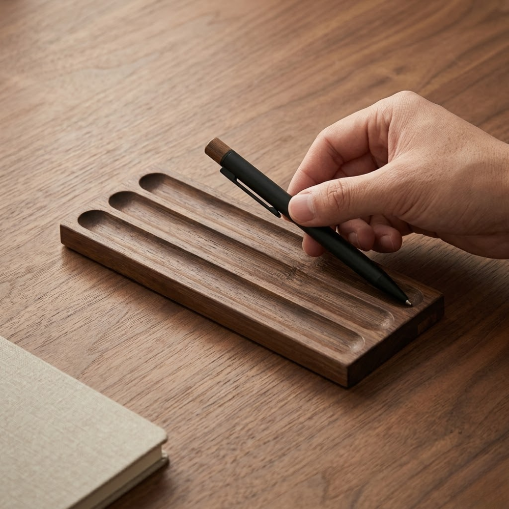 Hand placing a pen into a bamboo desk organizer tray