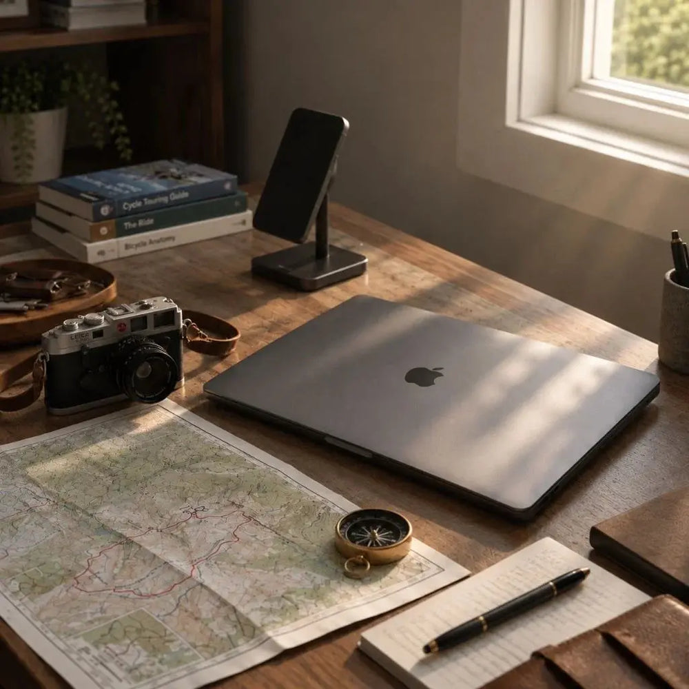Closed laptop lying flat on a desk beside everyday workspace essentials