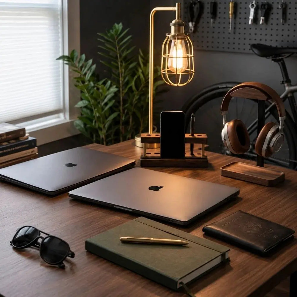 Two closed laptops lying flat on a desk with everyday workspace essentials