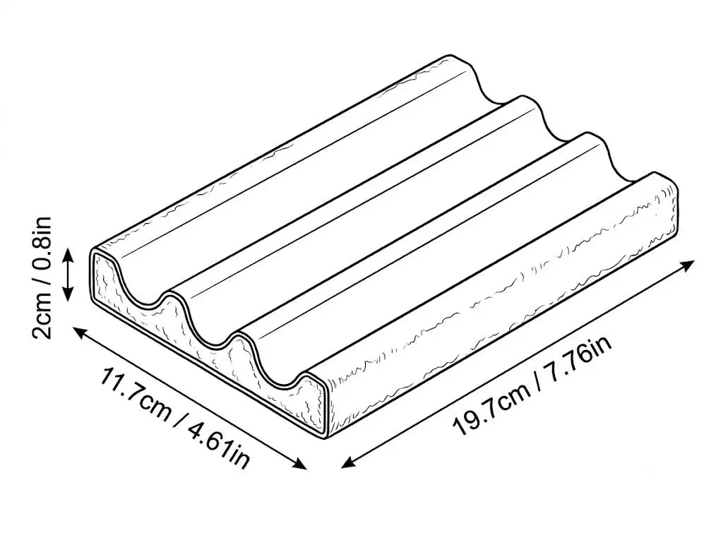 Leather desk pen tray with 3 slots showing product dimensions and three individual pen channels.