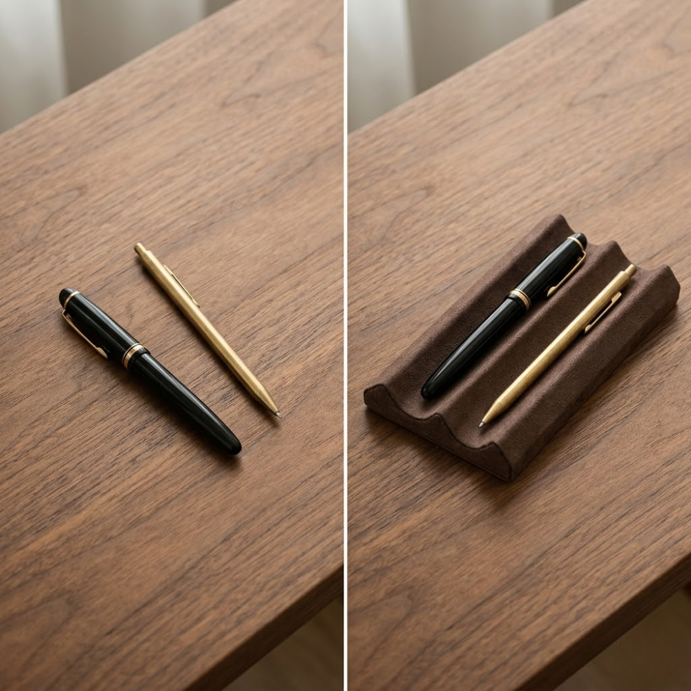 Before and after desk setup showing an organized space with a leather desk pen tray