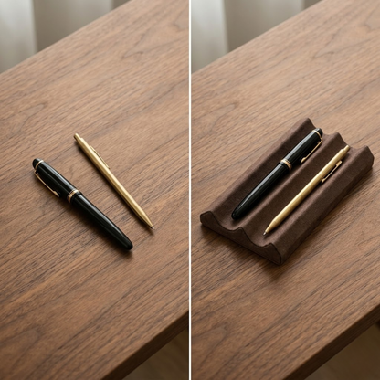 Before and after desk setup showing an organized space with a leather desk pen tray
