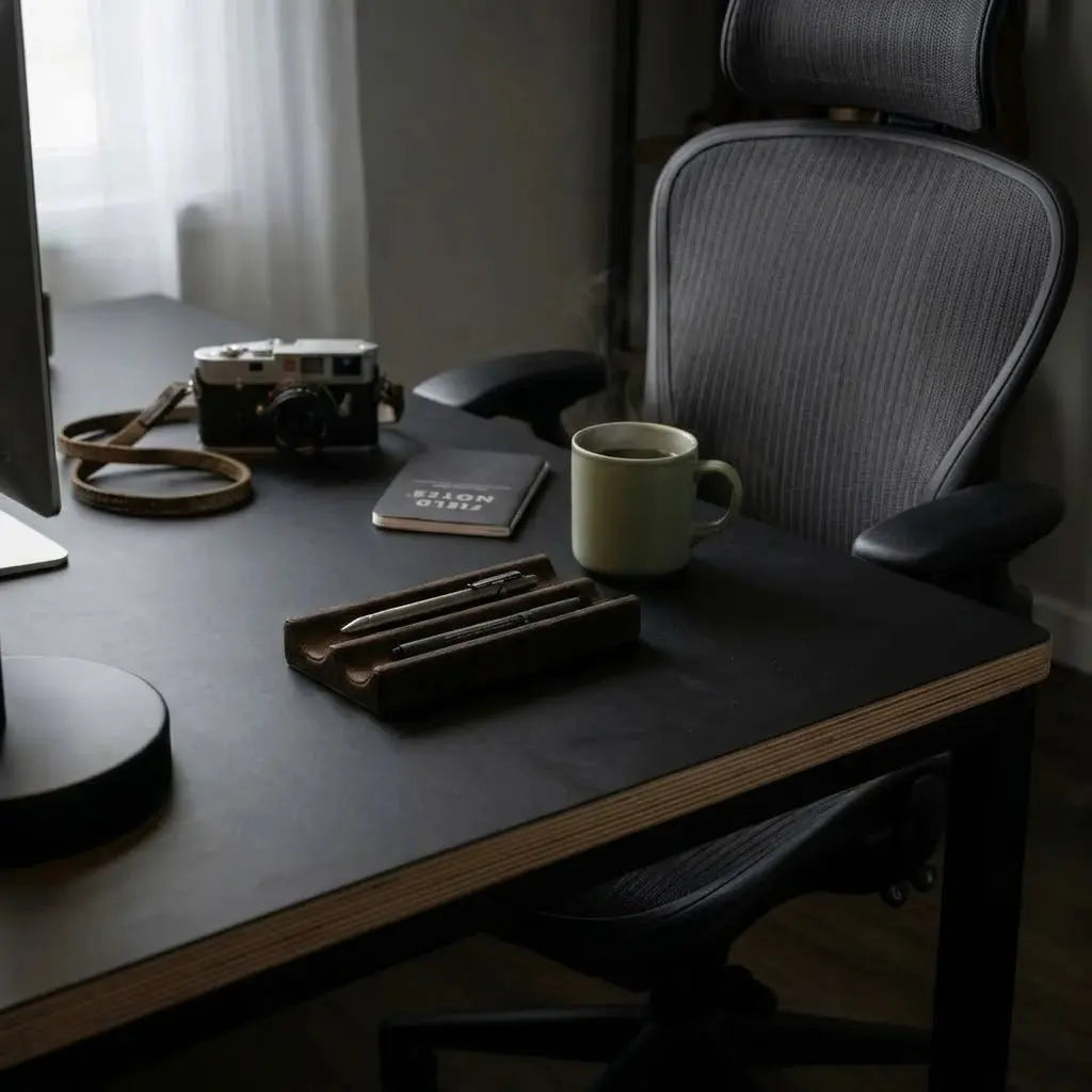 Leather desk pen tray keeping everyday writing tools organized on a minimalist workspace