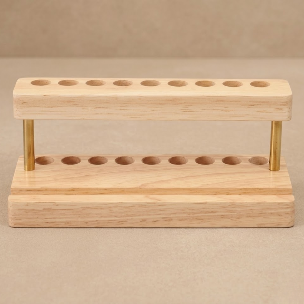 Light wood variation of a desk phone stand and pen holder on a neutral background