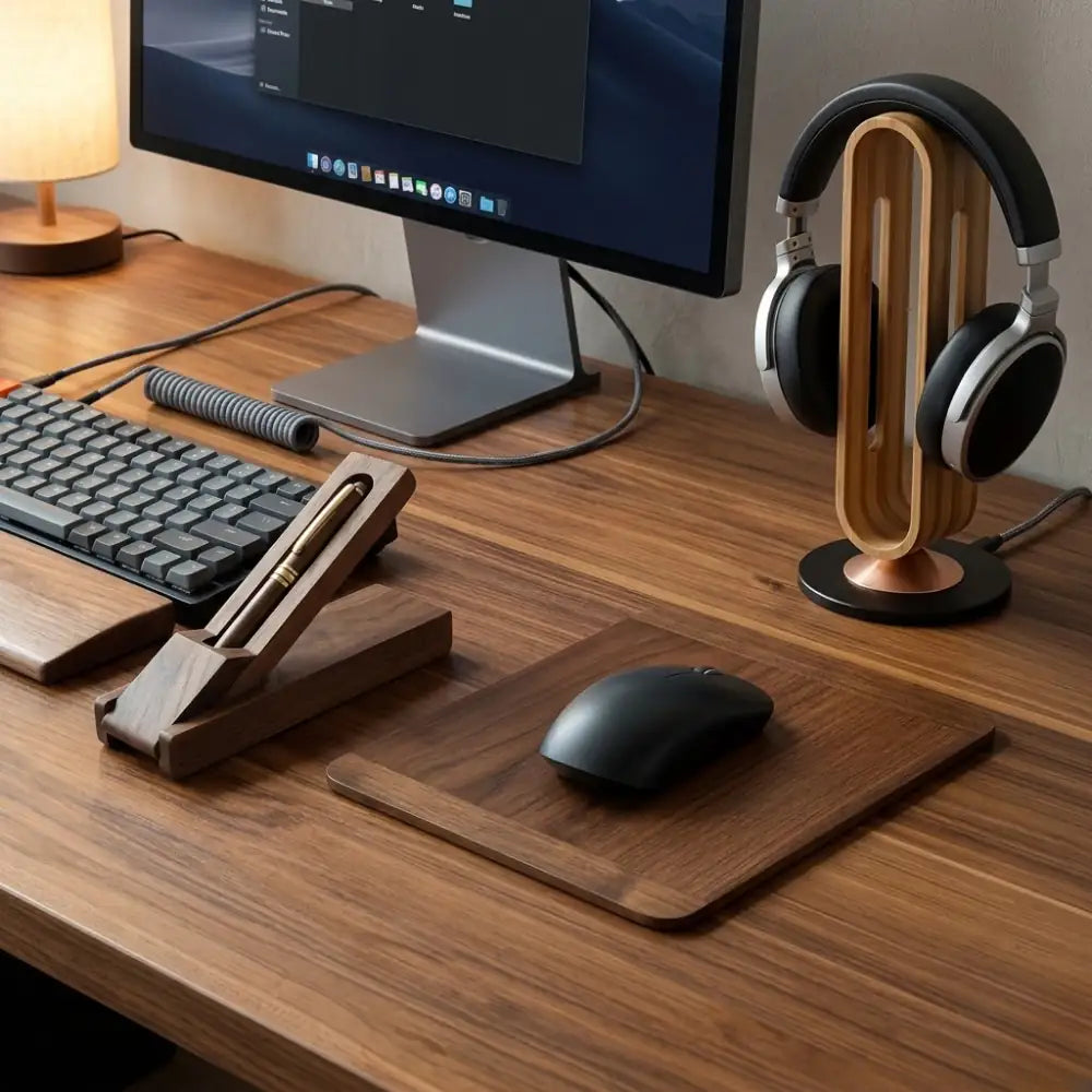 Men's Desk Setup Featuring Monitor And Solid Walnut Mouse Pad