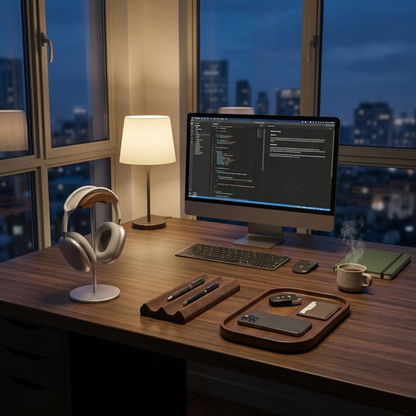 Complete desk setup featuring a leather desk pen tray at night