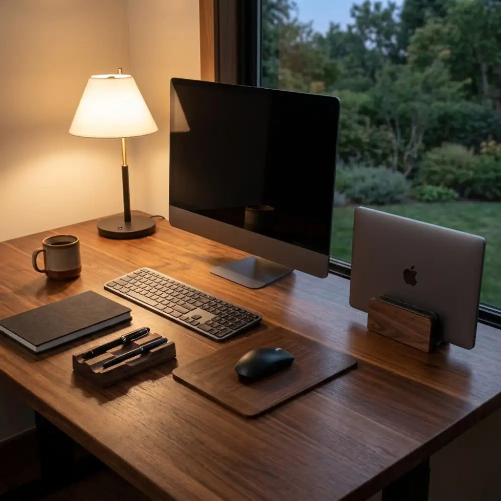Complete desk setup at night featuring a monitor and organized workspace accessories