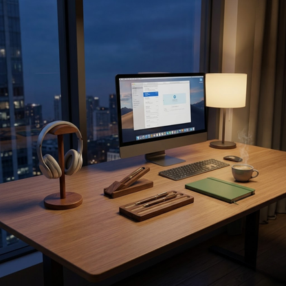 Complete desk setup featuring a bamboo desk pen tray at night
