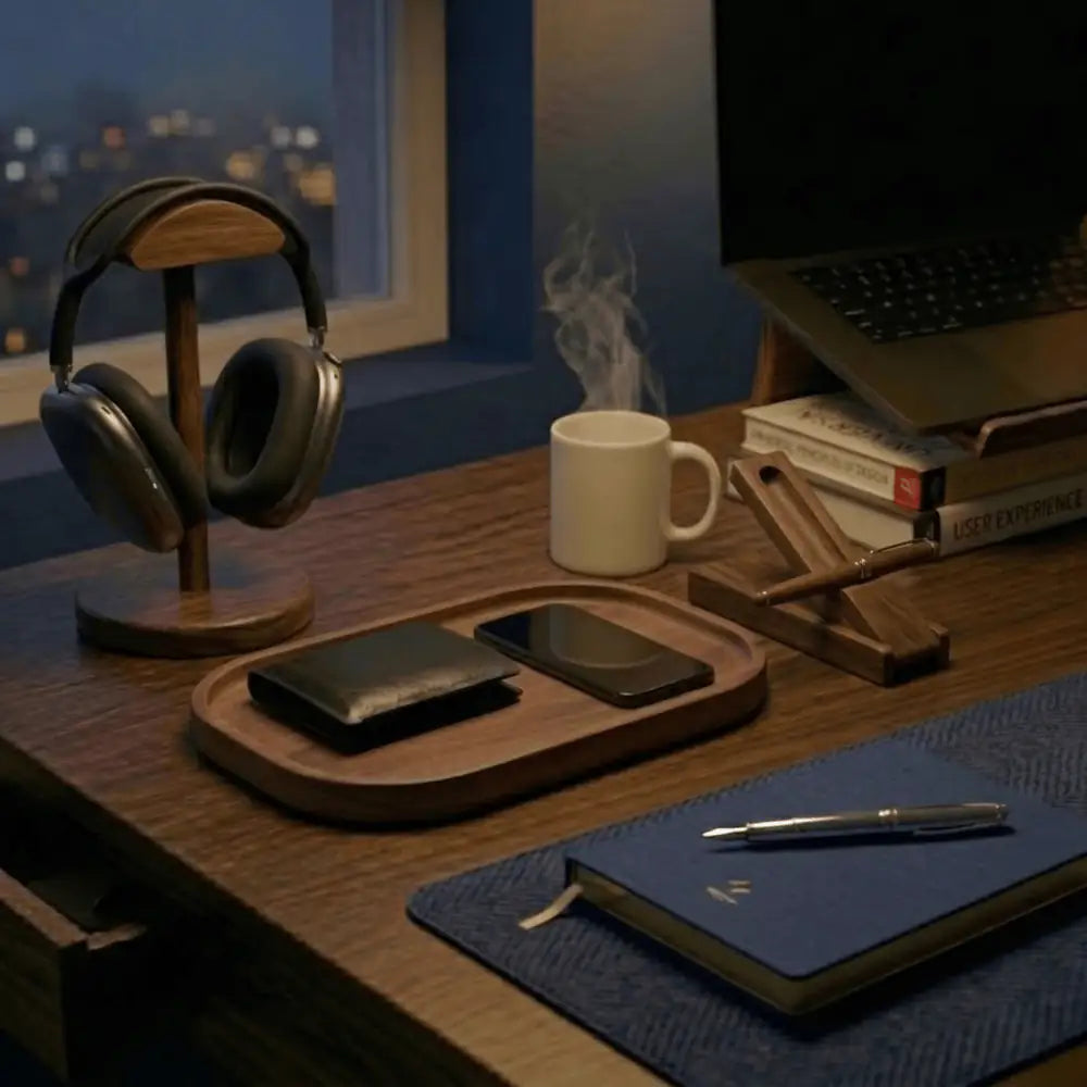 Night desk setup with a walnut headphone stand and everyday carry items