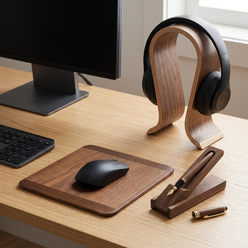 Wooden desk setup with monitor, keyboard, mouse, and headphones on a wooden stand.