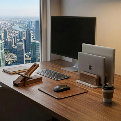 Complete desk setup featuring a monitor and an adjustable walnut vertical laptop stand