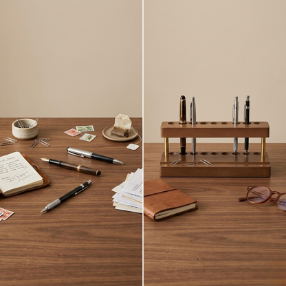 Organized desk setup featuring a walnut phone stand and pen holder