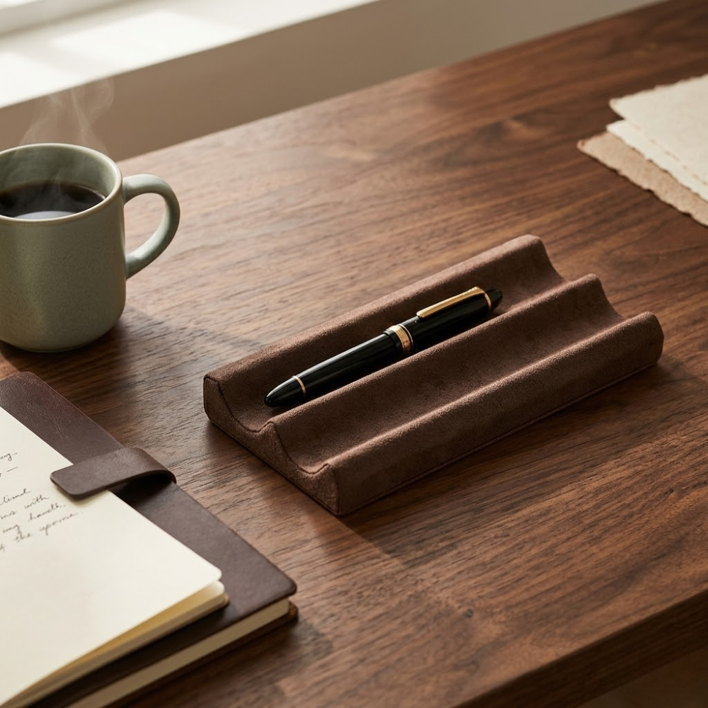 Leather desk pen tray placed beside a notebook in a quiet workspace