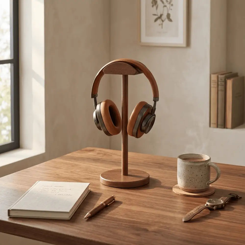 Walnut headphone stand placed on a clean desk in soft natural light