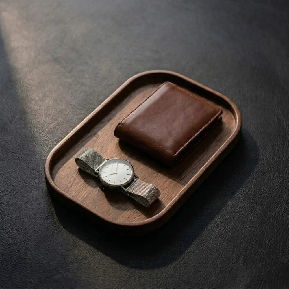 Close-up of a solid walnut valet tray for desk setup showing smooth wood grain